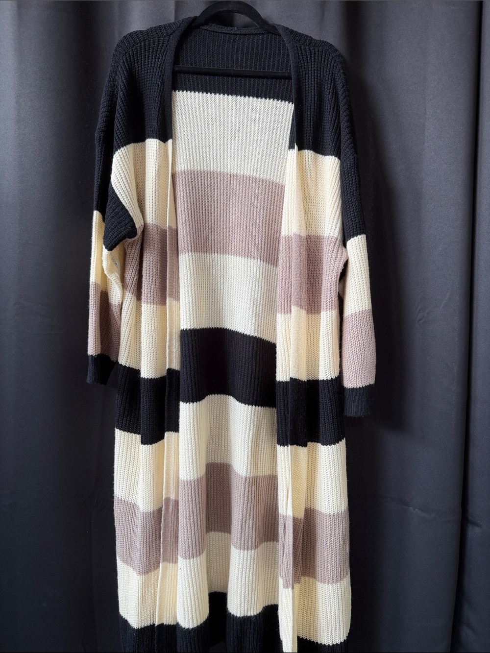 SHEIN Long Open-Front Striped Cardigan in Black, Cream & Brown